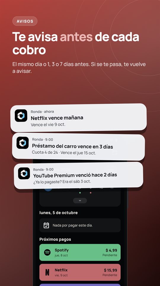 Avisos antes de cada cobro